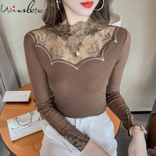 Spring Autumn 2021 T-shirt Women Mesh Lace Embroidery Slim Waist Stretchy Casual Tops Tees Long Sleeve Plus Size T18205A