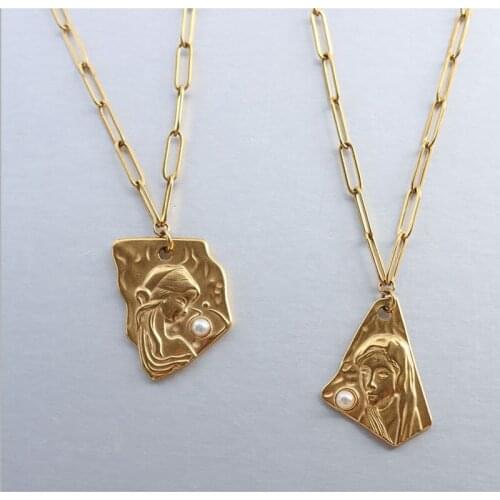 Irregularity Embossment Face Fresh Water Pearl Pendant Necklace Gold Link Chain Relievo Fashion Women Jewelry Popular Gift