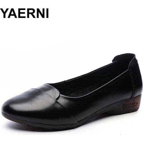 YAERNI Spring Simple Genuine Leather Flat Work Shoes Women Ballet Flats Solid Round Toe Non-Slip Soft Comfortable Ladies Shoes