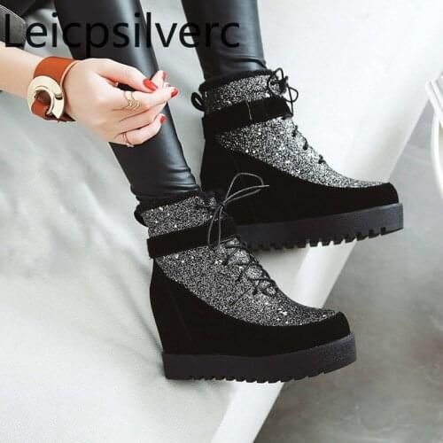 Autumn And Winter The New fashion Round head Lace-up Sequin Internal increase High heel Short tube Womens Boots plus size 34-43