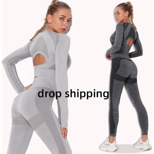 Gym womens clothing, autumn and winter fitness clothing suits, seamless hollow yoga clothing suits, hip-lifting sports leggings