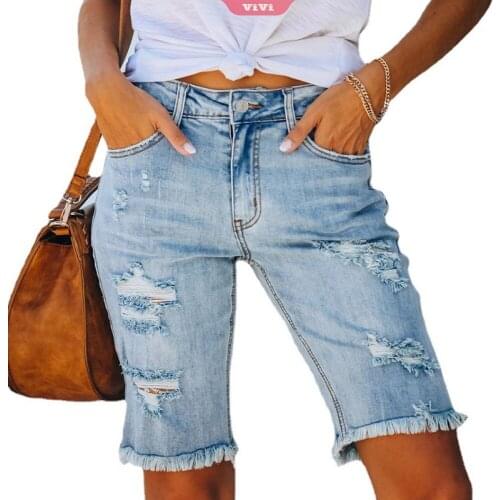 2021 Womens New Ripped Fringed Mid-waist Casual Zipper Knee-length Five-point Jeans High Street Denim Shorts Fashion Pants