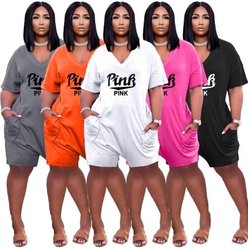 Plus Size Urban Casual Womens Clothing Sexy Fashion Solid Color Letter Printing Loose V Neck Pocket Straight Short Jumpsuit
