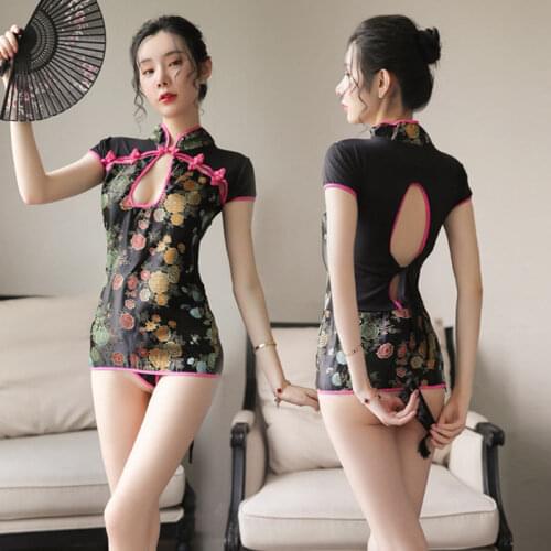 2020 new cheongsam erotic lingerie, perspective of the Republic of China uniform, temptation, black printed dress, sexy backless