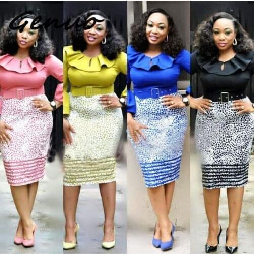 Genuo New Women Midi Dresses Elegant Office Ladies Bodycon Print Flare Sleeve Belt Female Blue Fashion Sexy Plus Size Dress