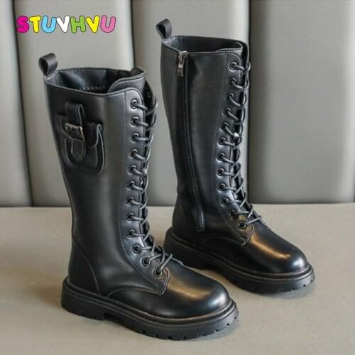 Winter Girls Boots Leather Lace Up Zipper Children High Boots Plus Velvet Warm Kids Fashion Boot Little Girls Shoes Black Slip