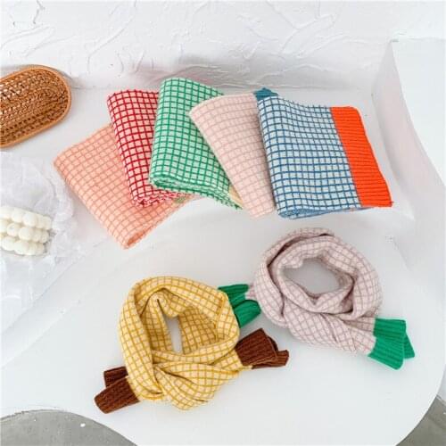 Winter New Childrens Wool Warm Scarf. Korean Small Plaid Knitted Color Matching Scarf. Warm Scarf for Boys and Girls