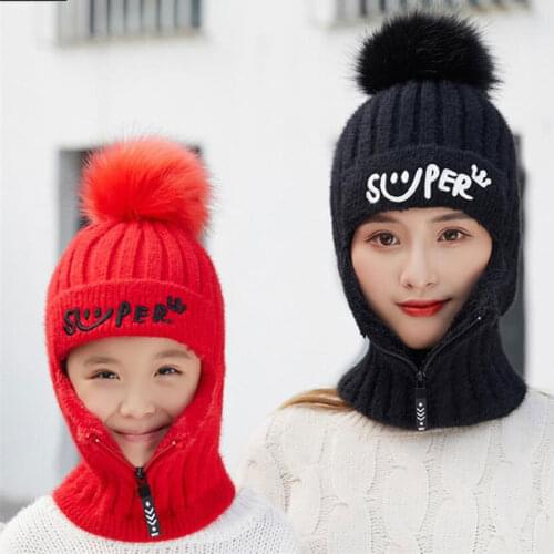 Winter Knitted Zip Hooded Scarf Girls Women Plush Warm Protection Ear Pom Pom Cap Scarves 2019 New Parent-child Hat And Scarf
