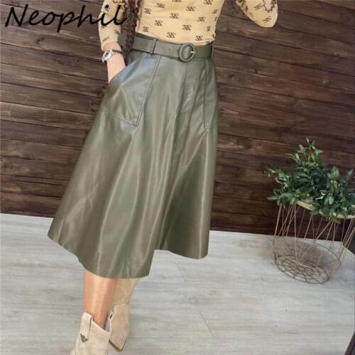 Neophil 2020 Winter Women Pu Faux Leather Pocket Midi Skirt Flare High Waist Solid Female Skater Belt Skirts Longa Saia S9109