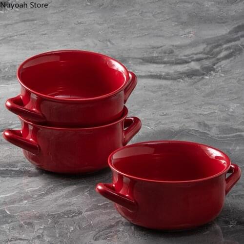 Binaural Bowl Ceramic Baking Bowl Red Soup Bowl High Temperature Household Oven Bowl Tableware Baking Bowl Kitchen Supplies