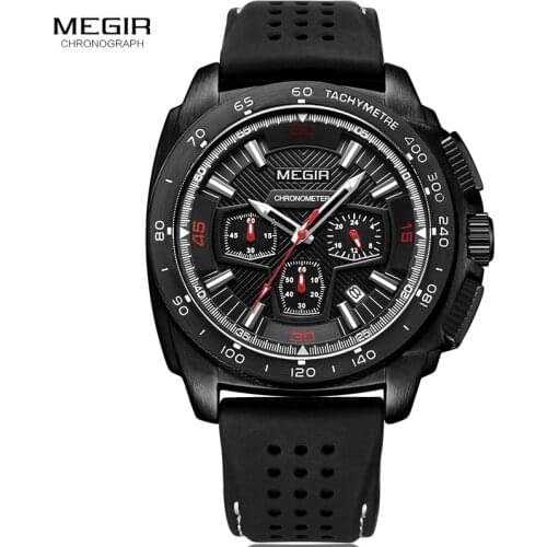 MEGIR Mens Sportz Chronograph Quartz Watches Army Military Waterproof Luminous Wristwatch for Man Silicone Strap 2056G-BK-1