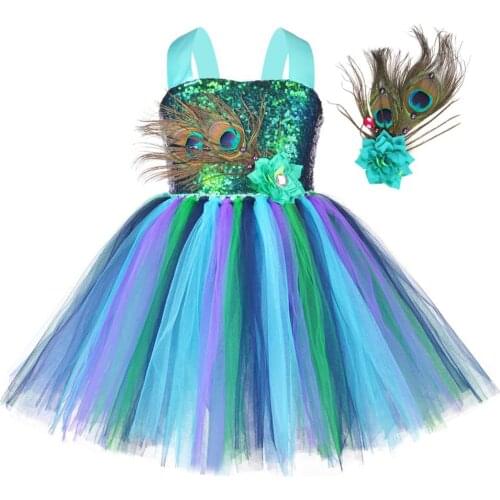 Sequin Kids Peacock Clothing for Girls Knee Length Glitter Halloween Carnival Costume Flower Girl Dresses with Feather Headband