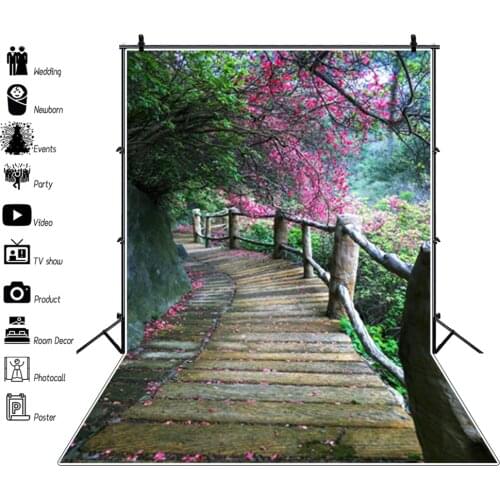 Laeacco Spring Scenery Photography Backgrounds Green Forest Blooming Trees Wood Pathway Baby Portrait Backdrops For Photo Studio