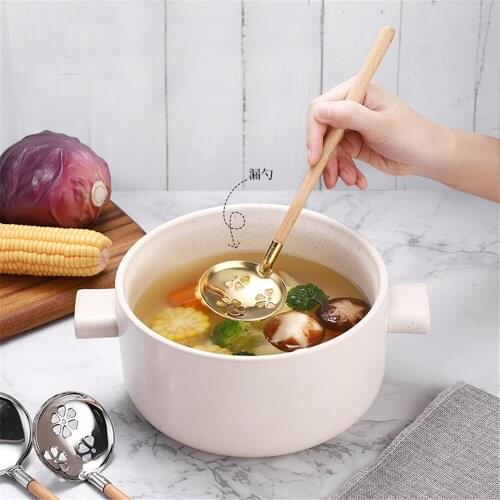 304 Stainless Steel + Beech Handle Household Hot Pot Colander Spoon Japanese Cooking Spoon Ramen Soup Spoons Kitchen Accessories