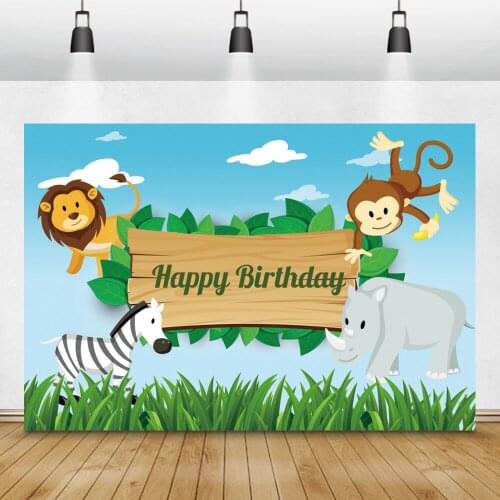 Laeacco Safari Party Child Happy Birthday Photo Backdrop Jungle Animals Green Grass Cloud Baby Portrait Photography Background