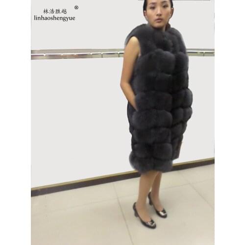 Linhaoshengyue 90CM Long Real Natural Fox Fur Vest Blue Green Black and Gray Real Fur Fox Fur Coat Women Natural Fur Coats
