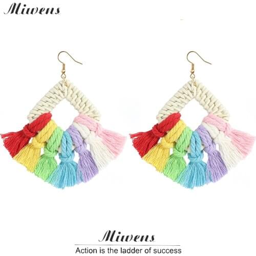 Miwens Ethnic Square Bamboo Tassel Dangle Drop Earrings For Women Fashion Jewelry Weave Rope Fringe Hangning Earrings Jewelry