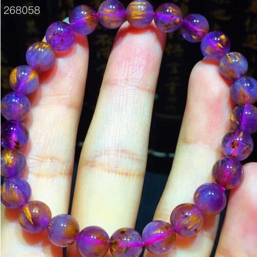 Newly Natural Cacoxenite Purple Gold Rutilated Quartz Bracelet 7.6mm Women Men Clear Round Beads AAAAAA