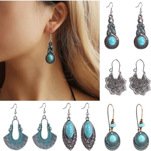 New Vintage Ethnic Earring Bohemian Natural Stone Geometric Water Drop Earring Gypsy Turquoises Stone Bead Dangling Earrings