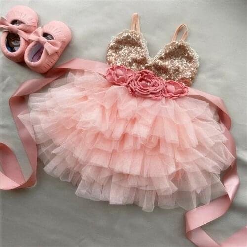 Shinny flower girls dress for kids with belt toddle party gown gold sequined layered tutu dress children new year dress clothing