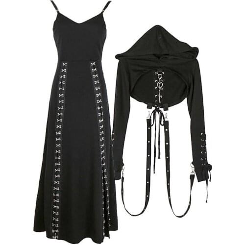 Streetwear V Neck 2 Piece Backless Dress Mid-Length Chain Ribbon Dress Spring Summer Off Shoulder Hoodies+Long Split Dress