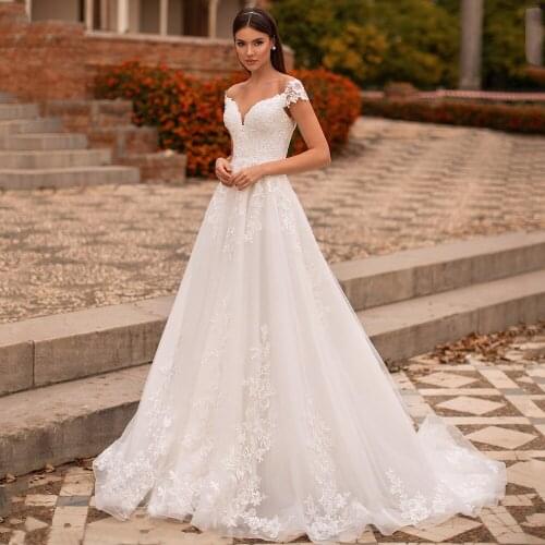 Off Shoulder Sexy V Neck Applqiue Lace A-Line Tulle Wedding Dress 2021 Vestido De Noiva Bridal Gowns