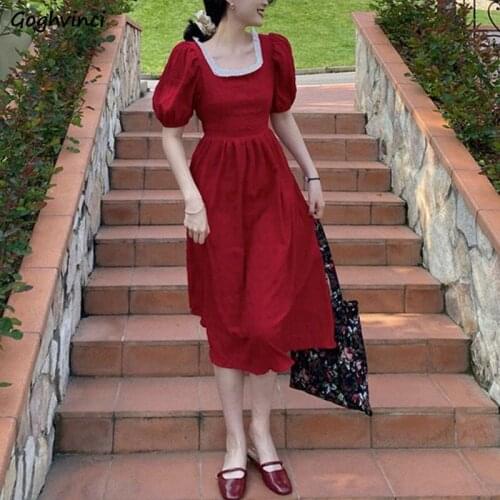 Short Puff Sleeve Women Dress Vintage Retro Elegant Sweet French Style Square Collar Beading Slim Leisure Fashion Streetwear