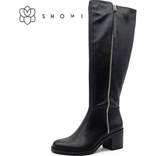SHOWIT Womens Knee High Boots Autumn 2019 Black Fashion knee-high Ladies Boots PU Zipper Open Mid-heel Footwear Basic shoes