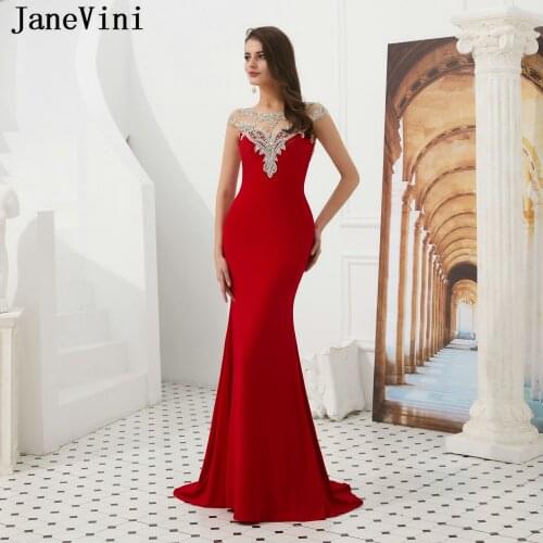 JaneVini Sexy Mermaid Red Evening Dresses 2019 New Arrival Backless Beaded Satin Sweep Train Pageant Party Gowns Robe De Soiree