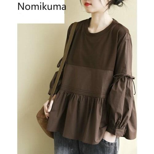 Nomikuma 2021 Spring Sweet Sweatshirt Korean Patchwork Bow Tie Puff Long Sleeve Hoodies Causal O-neck Women Top Jumper 6E293