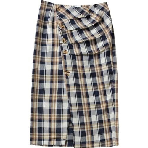 PERHAPS U Plaid Button Straight Knee Length Split Empire Autumn Winter Casual S0186