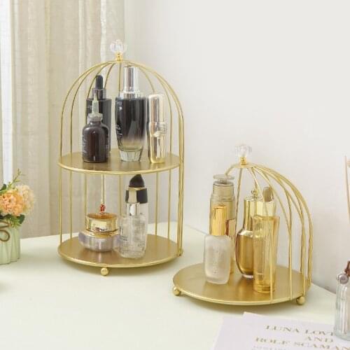 Gold Iron Art Makeup Organizer Box Double-Layer Make up Storage Box Pactical Cosmetic Organizer Desktop Perfume Display Rack WF