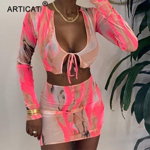 Articat Print Patchwork Sexy Two Piece Set For Women Long Sleeve Bodycon Crop Top Skirt Ladies Autumn See Through Bandage Set