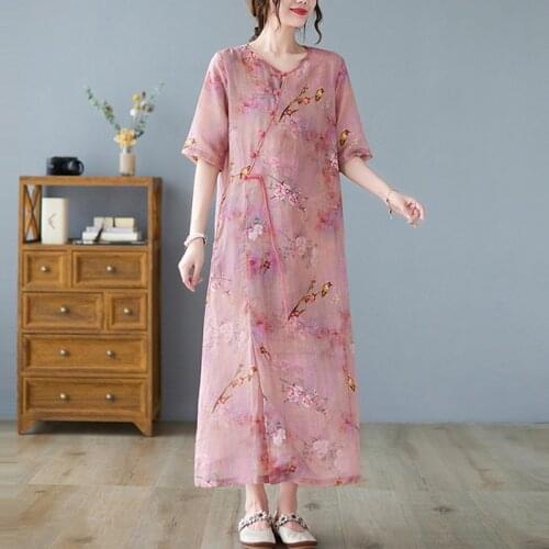 Ladies Elegant A-line Long Dress New 2021 Summer Chinese Style Vintage Floral Print Loose Cotton Linen Women Casual Dresses B817