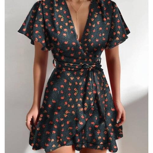 Y2K 2021 Women Solid Color/Printed Mini DressShort Ruffle Sleeve Irregular Hem Deep V-neck Dress