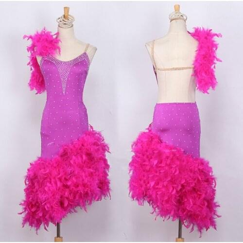 New Fashion Ladies Latin Dance Dress For Women Performance Clothing High-end Custom Rose Red Sexy V-neck Feathers Latin Dresses