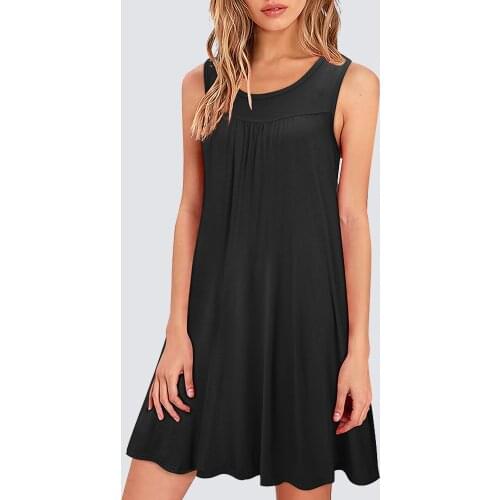 Women Summer Casual Pure Color Sleeveless Round Neck Loose Straight Mini Dress with Pockets 1HA219