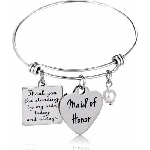 12PC/Lot Square Heart Pearl Pendant Bangle Maid Of Honor Bracelet Women Femme Stainless Steel Wedding Gift Jewelry Wristband Hot