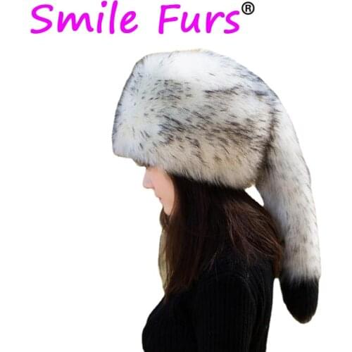 Qearlstar Faux Raccoon Fur Hat Women Winter Caps Multicolor Soft High Quality Fashion Warm Russian Mongolian Hat With Tails FY23
