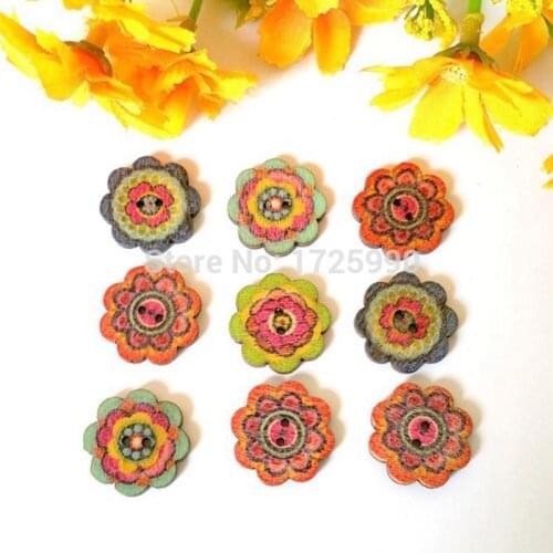50pcs Mixed Multicolor Round Flower 2 Holes Wood Painting Sewing Buttons for craft accessories Scrapbooking 20mm
