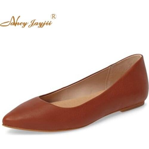 Brown Ballet Flats Women Shoes 2021 Soft Leather Slip-on Breathable Spring Casual Point Toe Heeled Simple Footwear Size 12 13 14