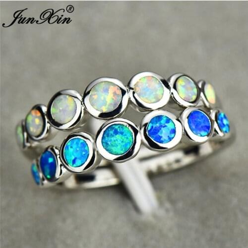 Boho Cute Female Small Round Finger Ring Silver Color Blue Fire Opal Stone Ring Vintage Wedding Engagement Rings For Women