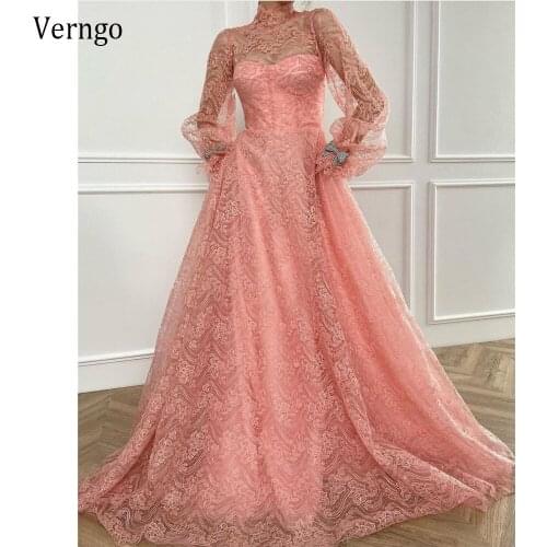 Verngo Elegant Blush Pink Lace Evening Dress Long Sleeves Bow High Neck Floor Length Speical Ocasion Gowns For Engagement