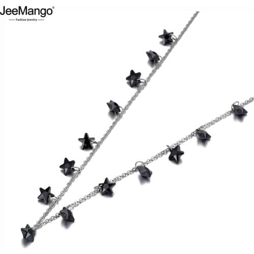JeeMango Bohemia Titanium Stainless Steel Black Star CZ Crystal Choker Necklace Trendy Pendant Chain Necklace For Women JN20090