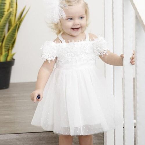 Girls Lace Princess Dresses 2020 Summer Bare Shoulder White Elegant Little Girl Christening Wedding Dress Childrens Costumes