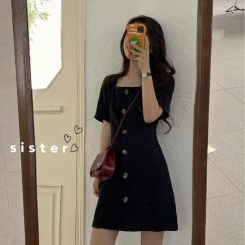 Summer Ladies Black Dress Woman 2021 New Korean Slim Short Sleeve Ladies Dress Women Simple Black Dress Plus Size