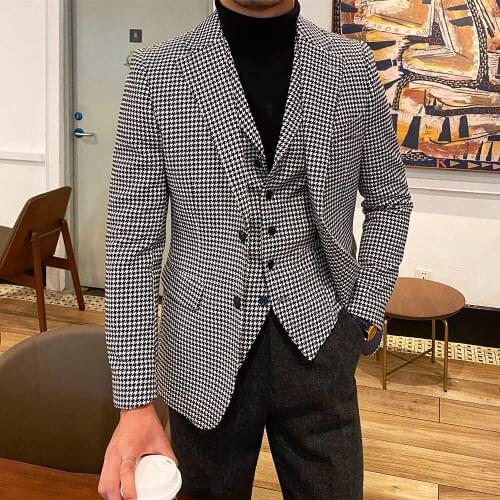 Costume Homme Mariage Thoundstooth Mens Daily Jacket+Vest 2 Pieces Custom Made Slim Fit Groom Wear Blazer Formal Tuxedos 2022