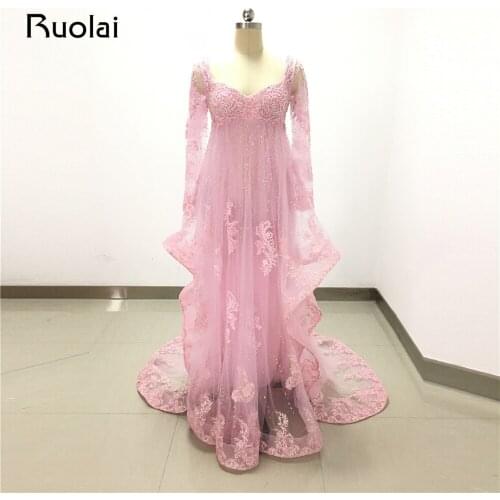 Real Picture Luxury Beaded A-Line Sweetheart Pink Evening Dresses Long Prom Dress Full Sleeeves Formal Party Gown FE37