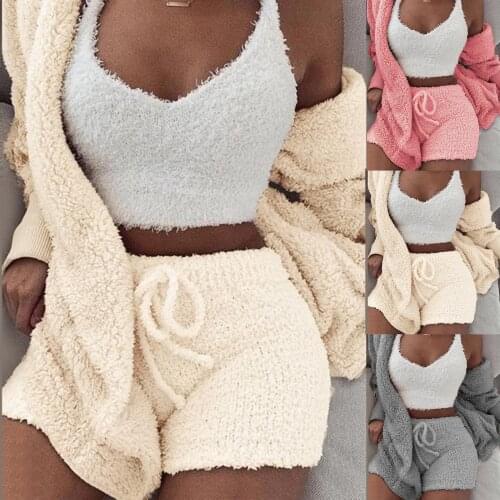 New Womens Winter Plush Home Wear Casual 3-Piece Pajamas Long-Sleeved Vest Shorts Suit 2021 New Fashion Keep Warm Sportswear