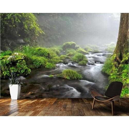 Papel de parede Stones Stream river Moss Grass Fog in the forest natural landscape 3d wallpaper living room bedroom decor mural
